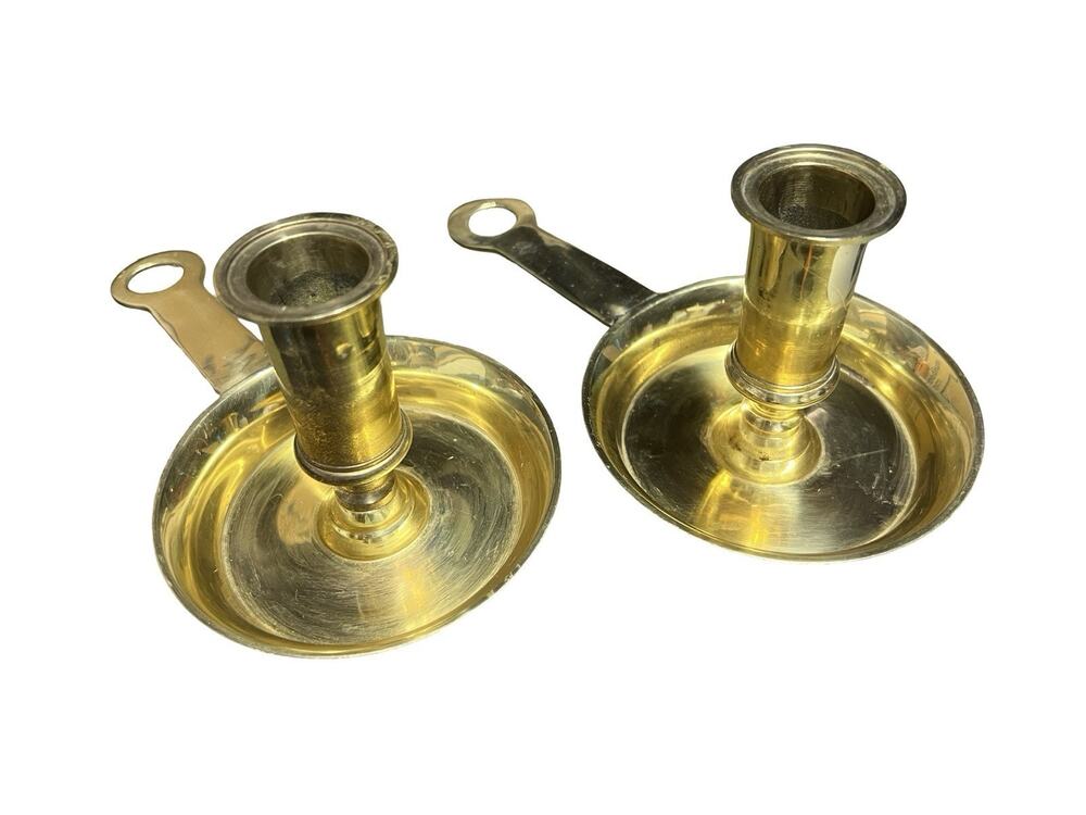 Pair Brass Chamber Candlestick Holder Vintage Loop Handle INDIA